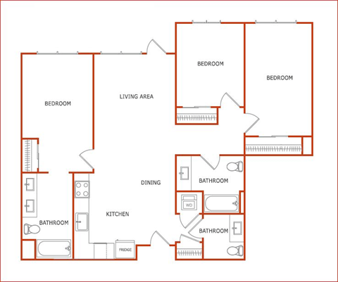 Floor plan for 3 beds, 2.5 baths, 1249 sqft